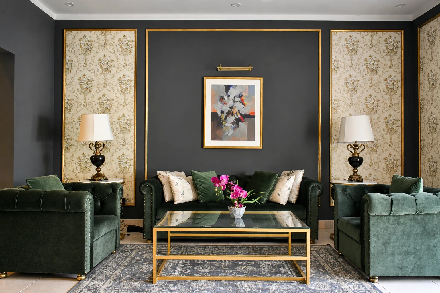 Balanced room composition with green upholstered seating.