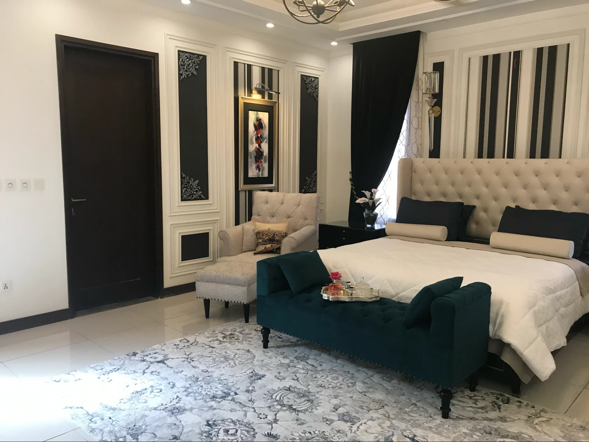 Alternate composition of the bedroom with emerald bench.