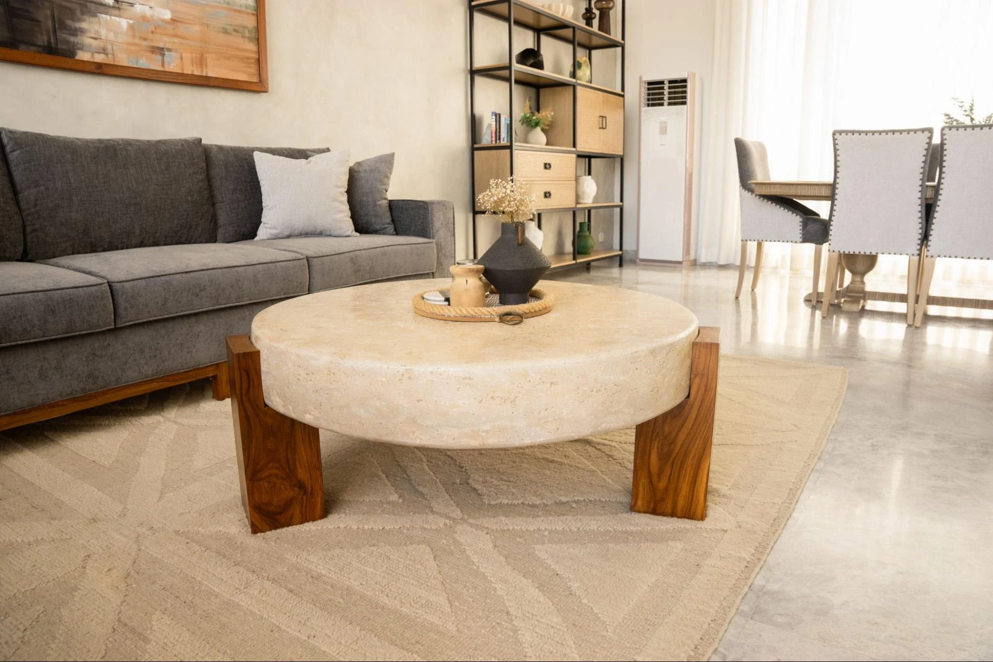 Round table in a contemporary living room.